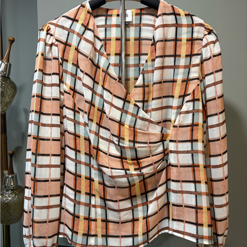 CAbi Whist Peach Plaid Draped-Front Top with Pleated Accents